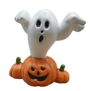 Ghost Popping Out of Pumpkin Trio Vintage Halloween Ceramic 2.5" Hand Painted